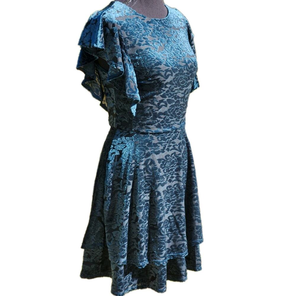 NEW Burnout Velvet Dress Teal Blue Floral Flare Skirt Small Bust 34